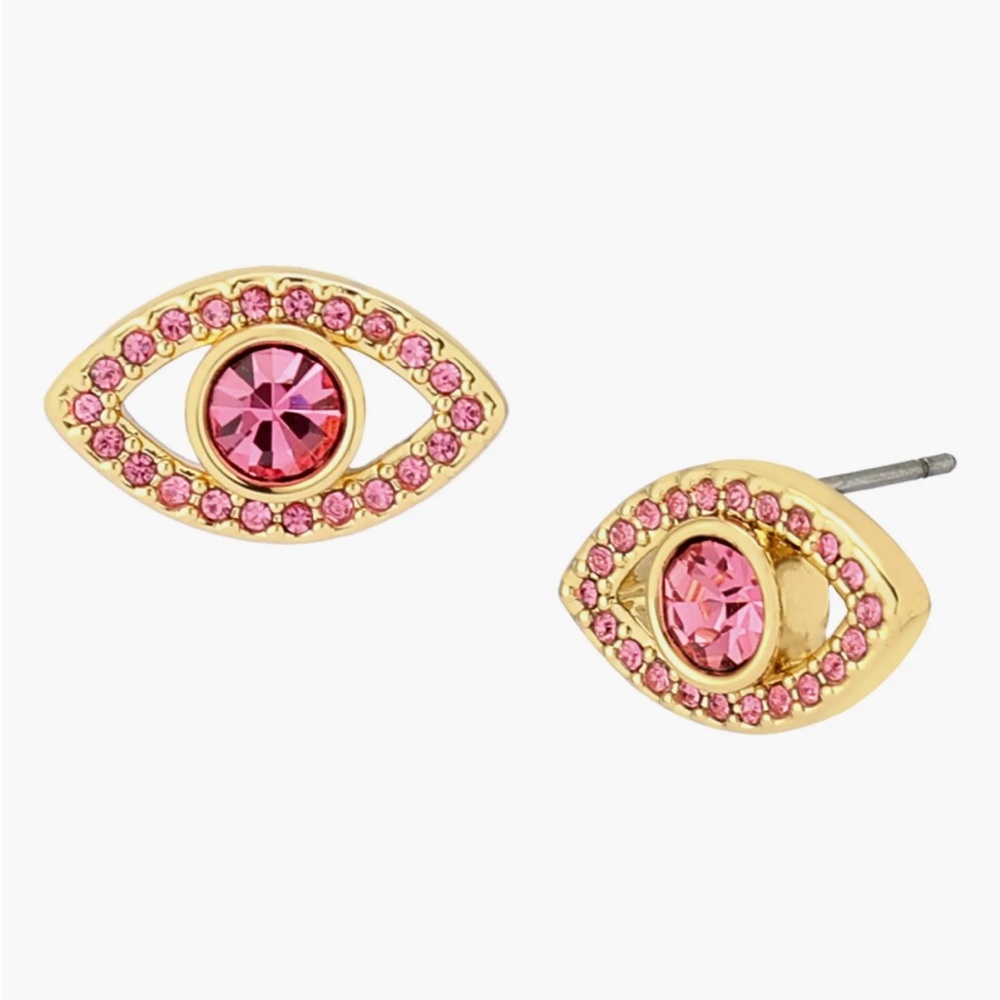 Kurt Geiger Pavé Evil Eye Stud Earrings Pink Gold NWOT
